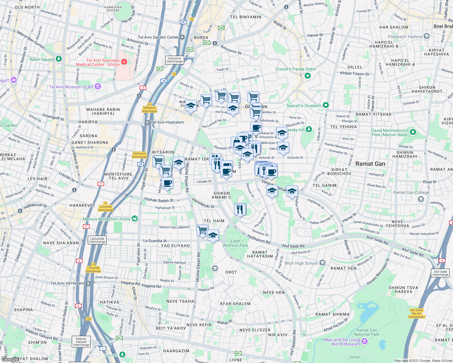 map of restaurants, bars, coffee shops, grocery stores, and more near 33 Derech Yitshak Rabin in Giv'atayim