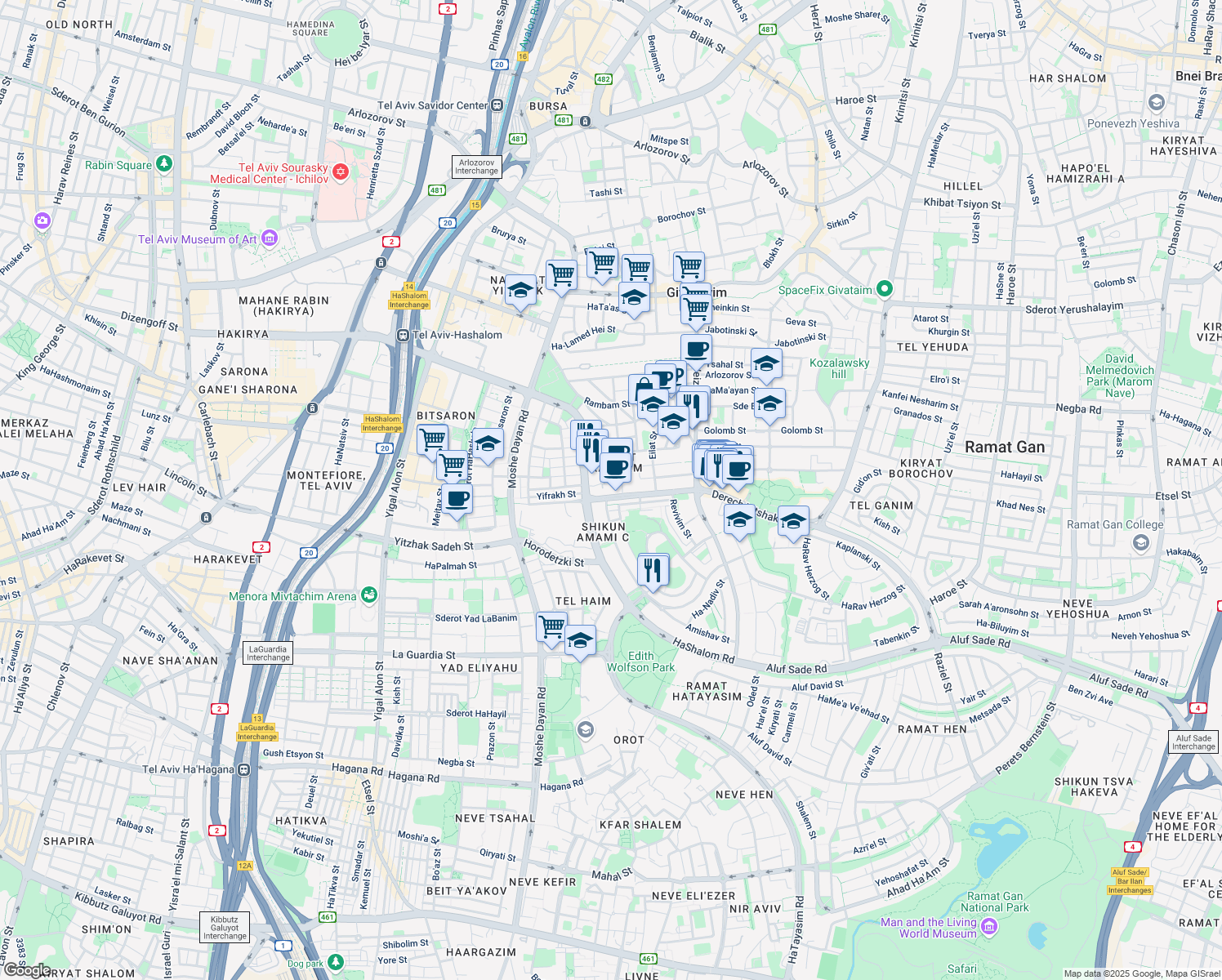 map of restaurants, bars, coffee shops, grocery stores, and more near 33 Derech Yitshak Rabin in Giv'atayim