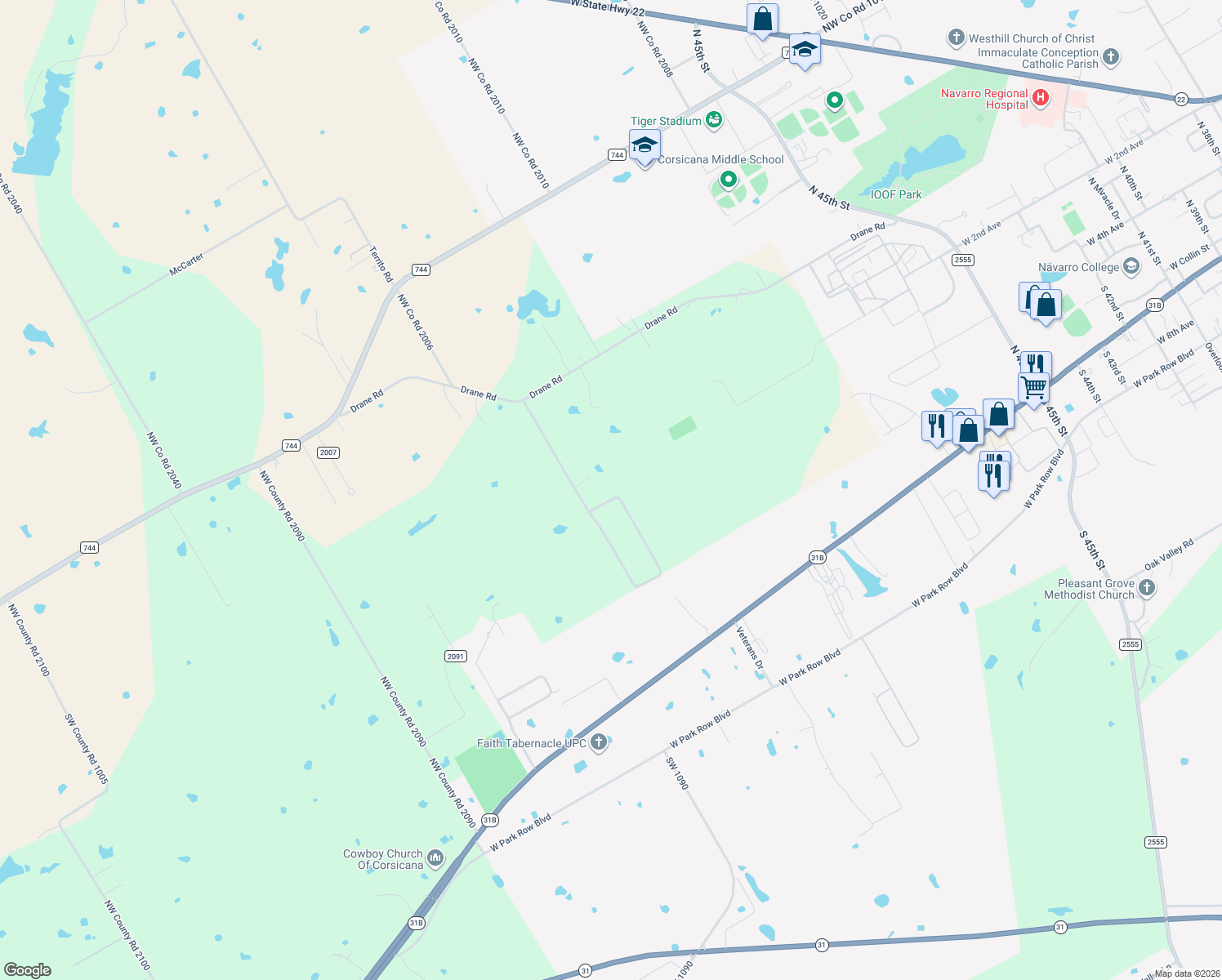 map of restaurants, bars, coffee shops, grocery stores, and more near 410 Northwest County Road 2005 in Corsicana