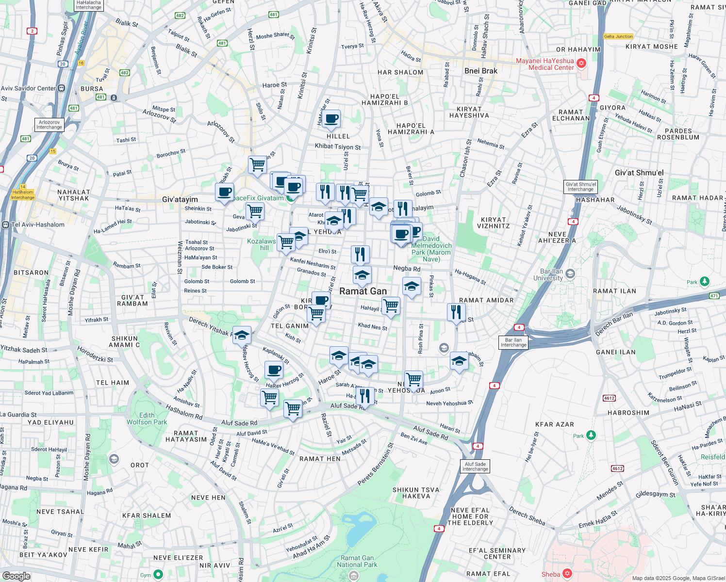 map of restaurants, bars, coffee shops, grocery stores, and more near in Ramat Gan