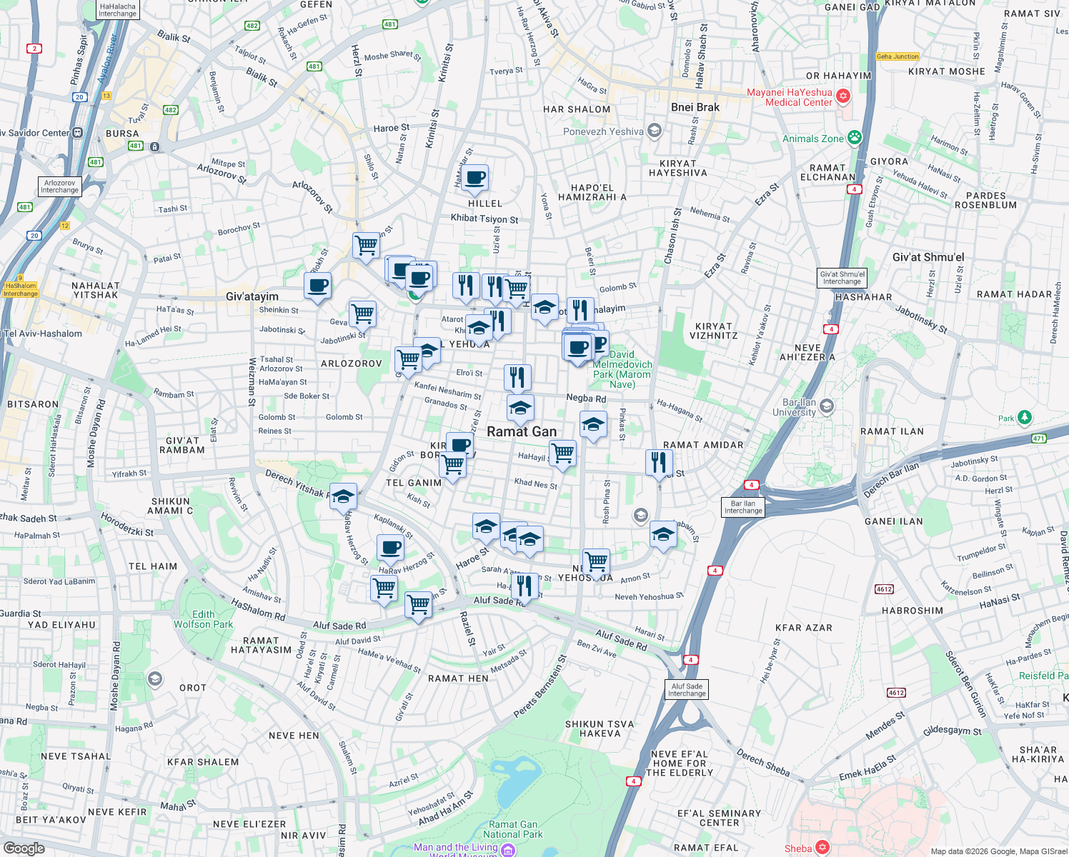 map of restaurants, bars, coffee shops, grocery stores, and more near 15 Dvora HaNevi'a Street in Ramat Gan