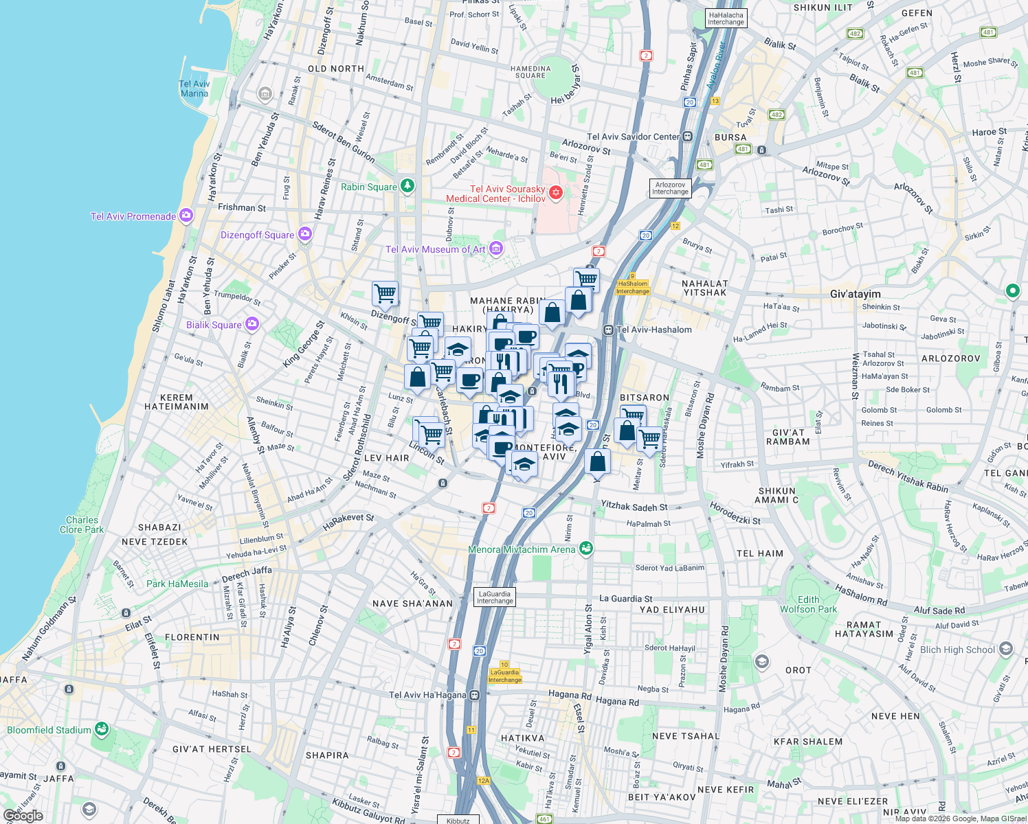 map of restaurants, bars, coffee shops, grocery stores, and more near Derech Menachem Begin in Tel Aviv-Yafo