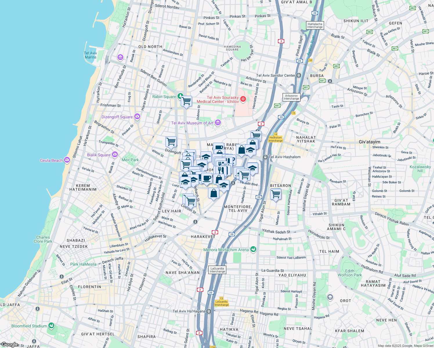 map of restaurants, bars, coffee shops, grocery stores, and more near 24 Arania Osvaldo Street in Tel Aviv-Yafo