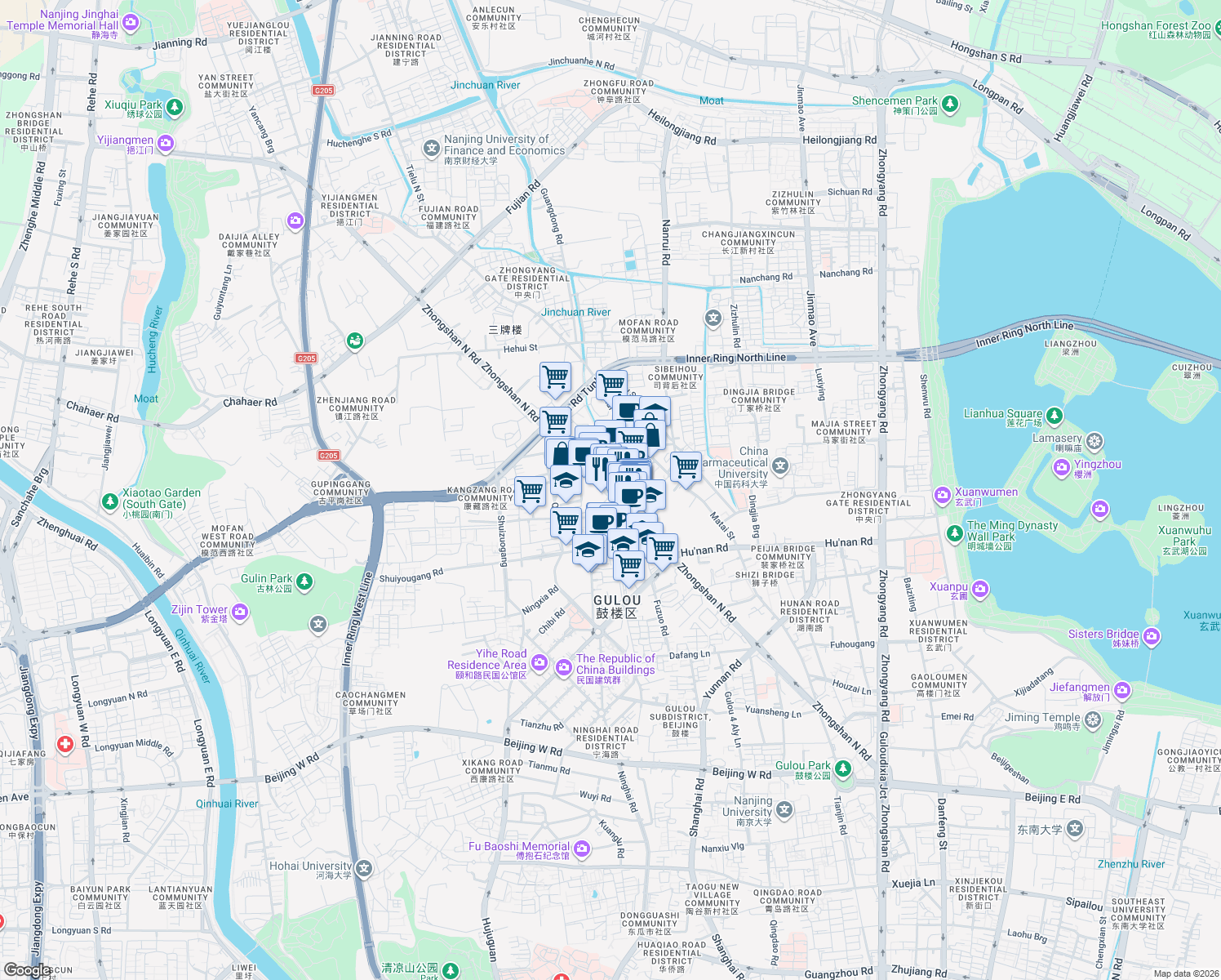 map of restaurants, bars, coffee shops, grocery stores, and more near 178-1 Zhongshan North Road in Nanjing Shi