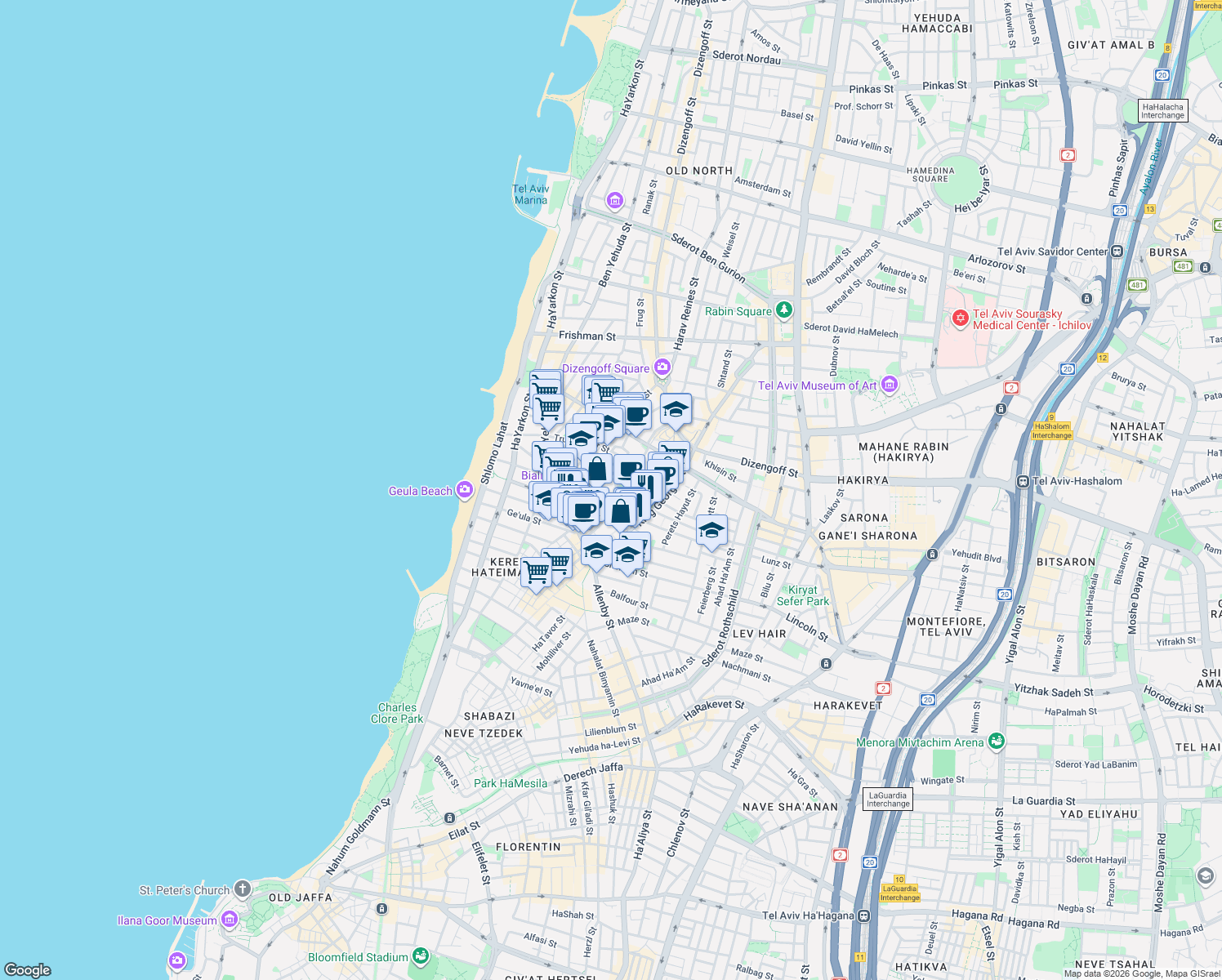 map of restaurants, bars, coffee shops, grocery stores, and more near 29 Tchernikhovski Street in Tel Aviv-Yafo