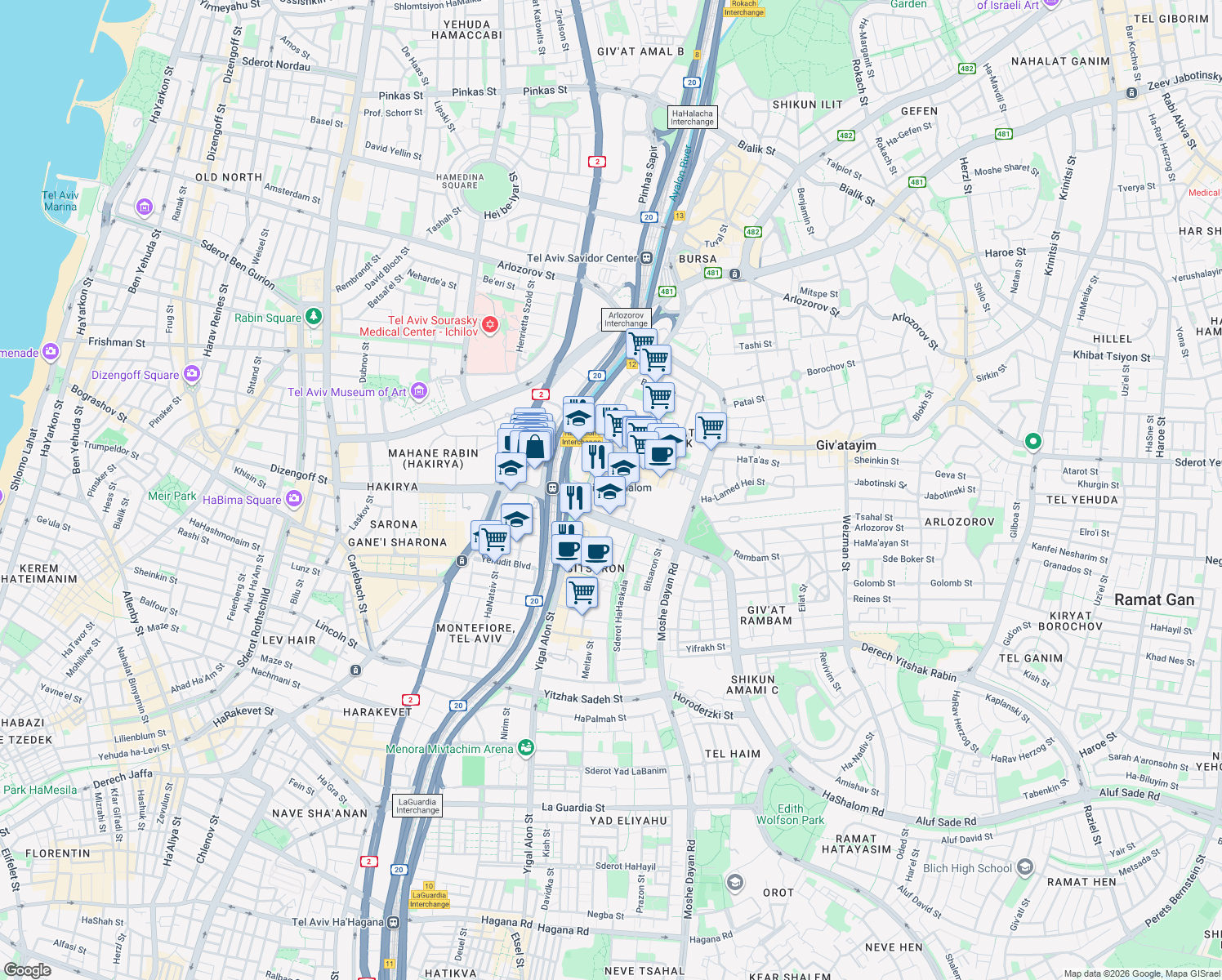 map of restaurants, bars, coffee shops, grocery stores, and more near 6 Totseret ha-Arets Street in Tel Aviv-Yafo