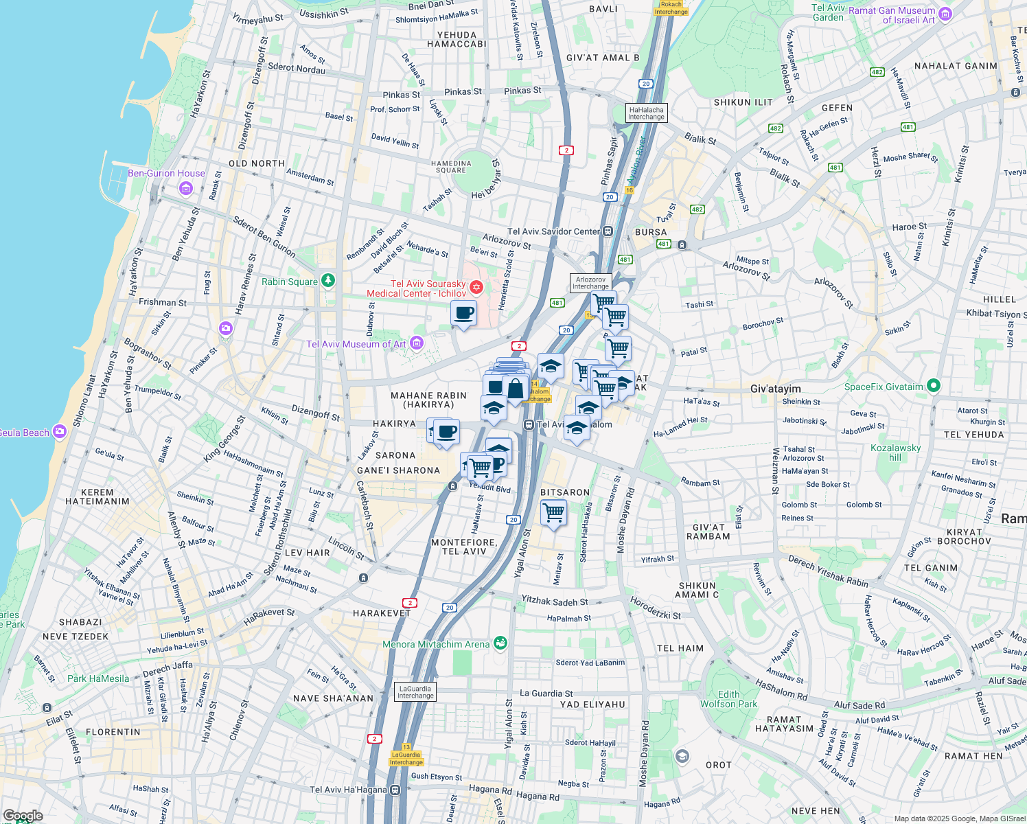 map of restaurants, bars, coffee shops, grocery stores, and more near Derech Menachem Begin in Tel Aviv-Yafo