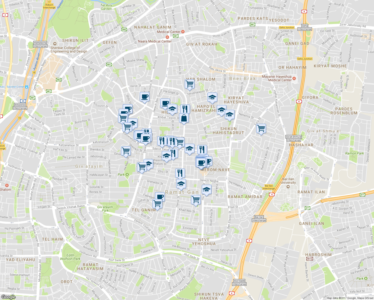 map of restaurants, bars, coffee shops, grocery stores, and more near Sderot Yerushalayim in Ramat Gan