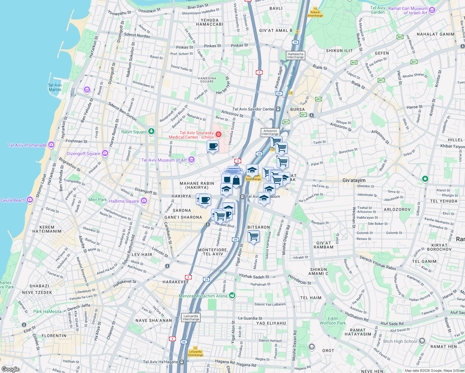 map of restaurants, bars, coffee shops, grocery stores, and more near Derech Menachem Begin in Tel Aviv-Yafo