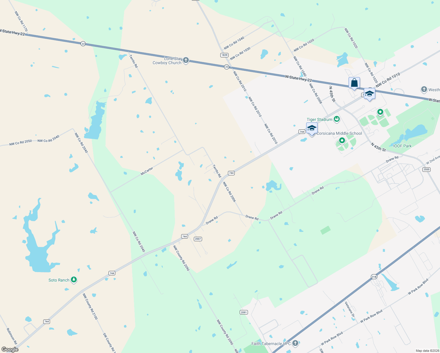 map of restaurants, bars, coffee shops, grocery stores, and more near 1075 County Road 2020 in Corsicana