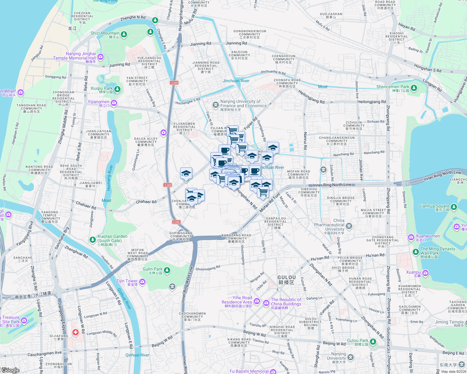 map of restaurants, bars, coffee shops, grocery stores, and more near Zhong Shan Bei Lu in Nan Jing Shi