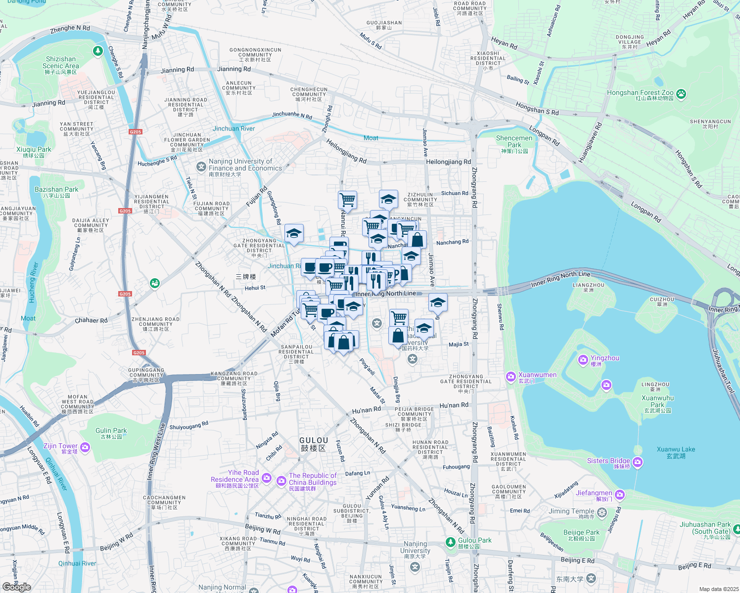 map of restaurants, bars, coffee shops, grocery stores, and more near Xin Mo Fan Ma Lu in Nan Jing Shi