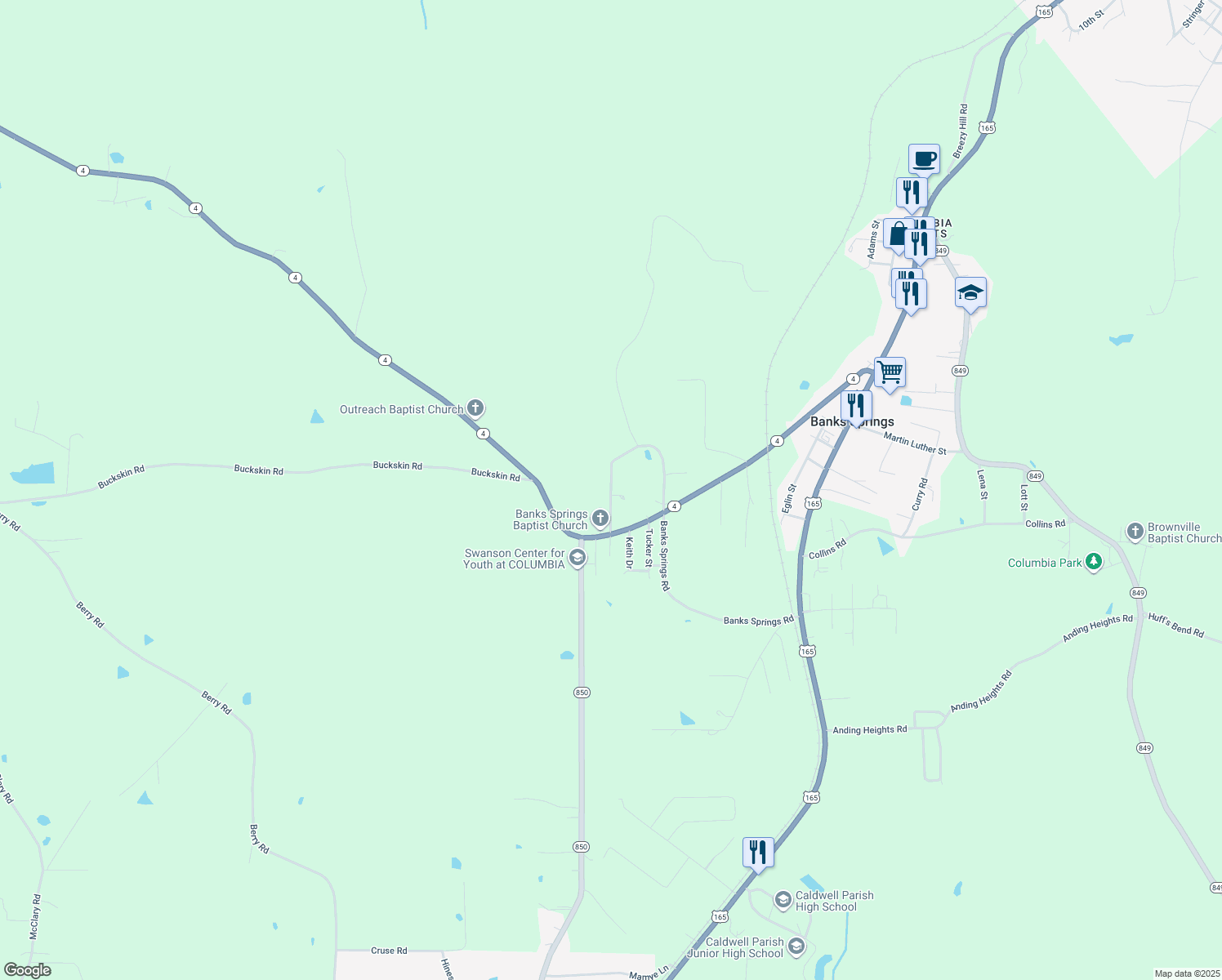 map of restaurants, bars, coffee shops, grocery stores, and more near Pension Hill Road in Columbia