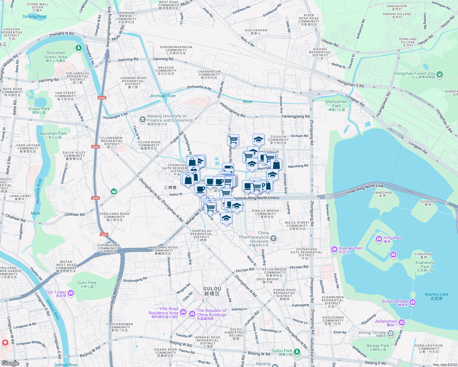 map of restaurants, bars, coffee shops, grocery stores, and more near 7-6 Nan Rui Lu in Nan Jing Shi