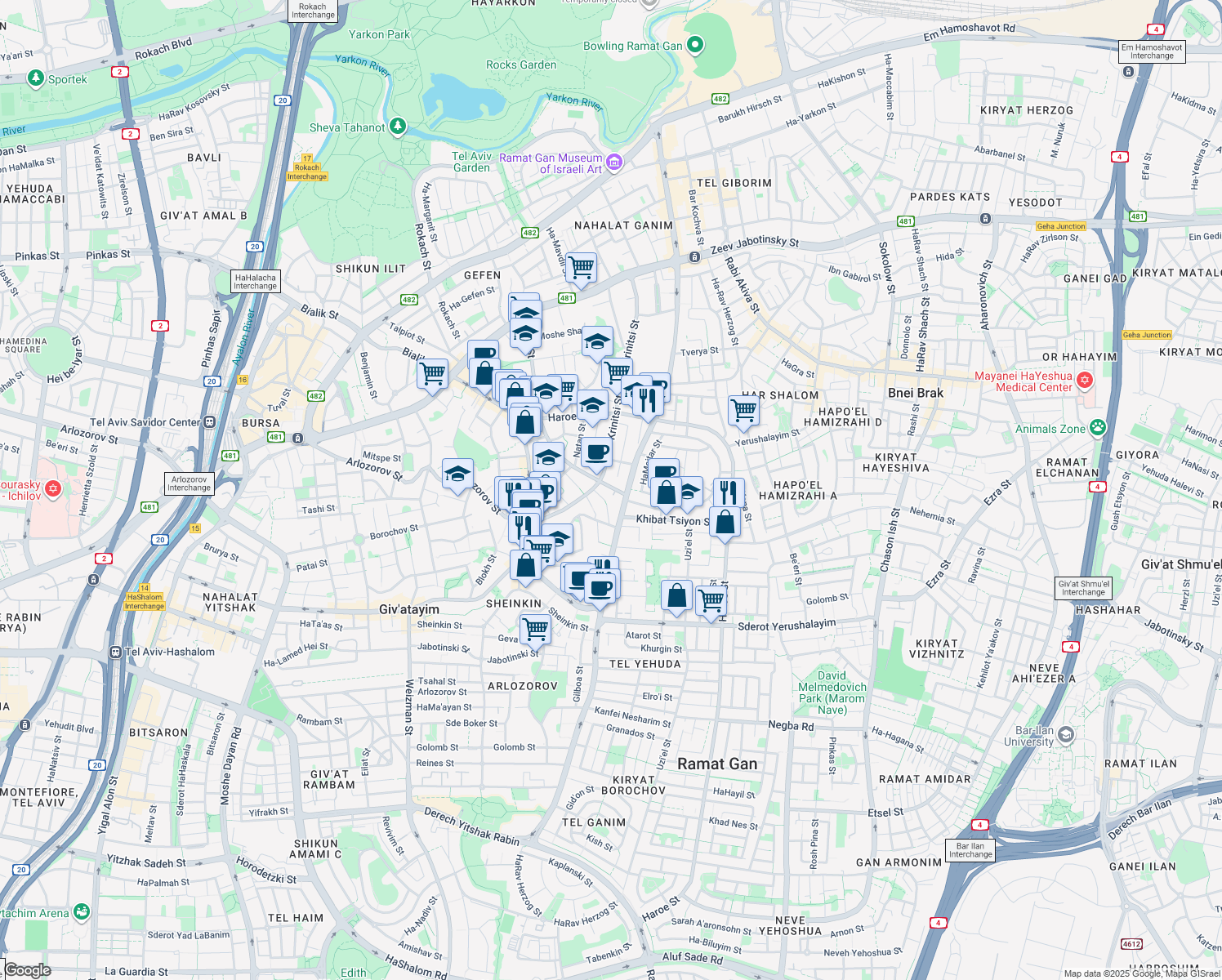 map of restaurants, bars, coffee shops, grocery stores, and more near 7 Herzl Street in Ramat Gan