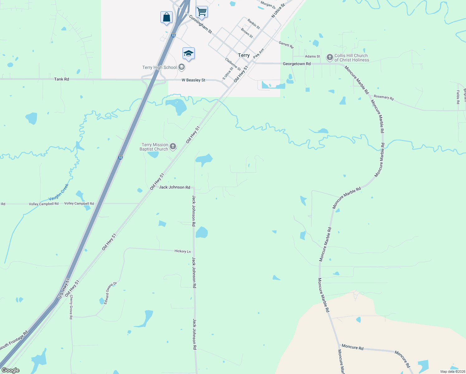 map of restaurants, bars, coffee shops, grocery stores, and more near 1355 East Jack Johnson Road in Terry