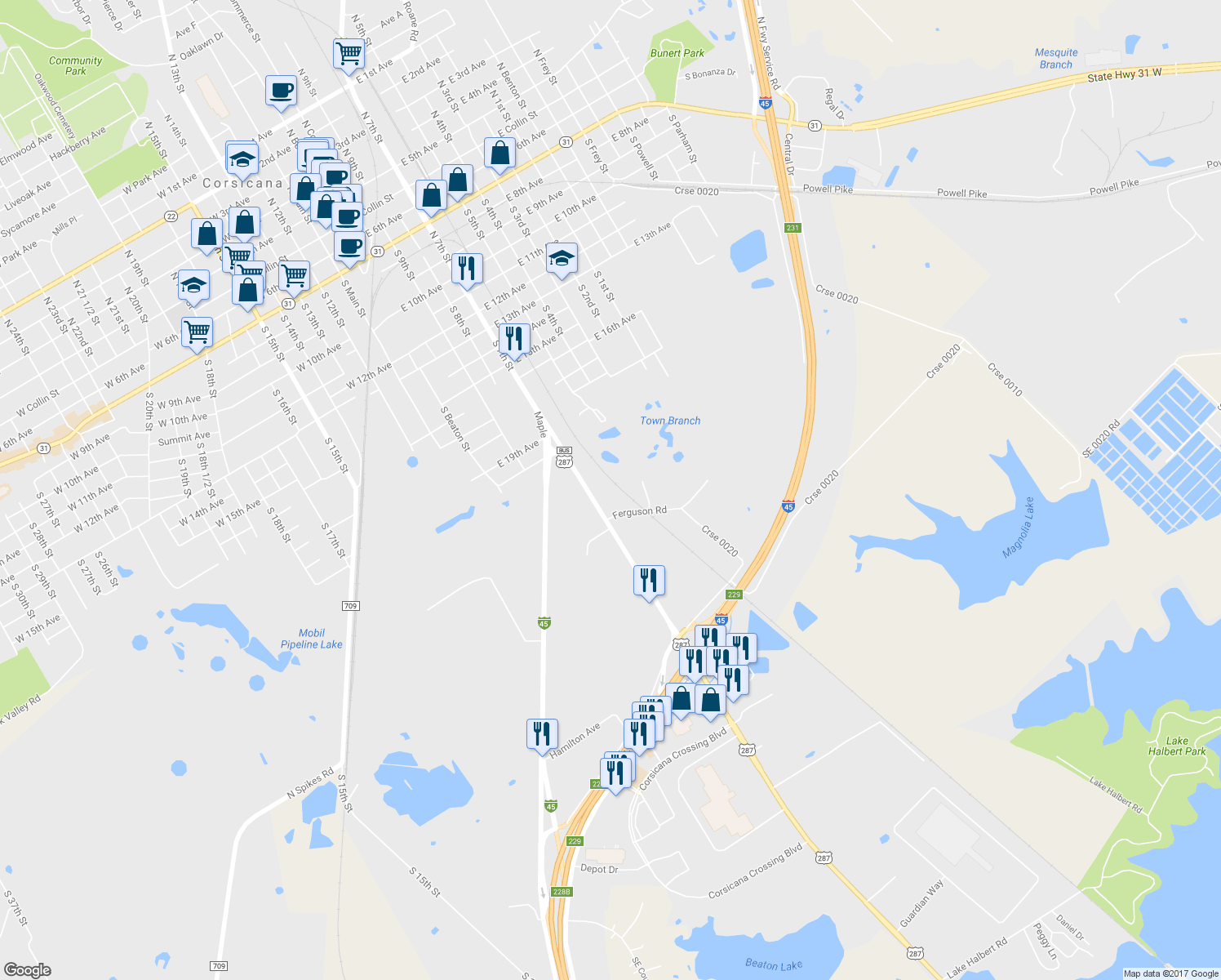 map of restaurants, bars, coffee shops, grocery stores, and more near 600 Ferguson Drive in Corsicana