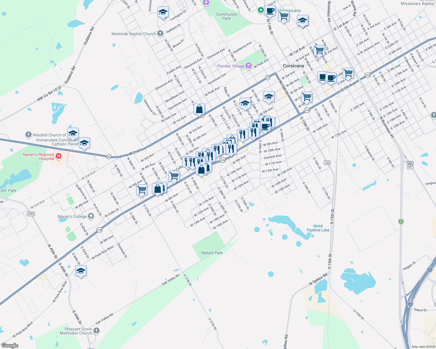 map of restaurants, bars, coffee shops, grocery stores, and more near 400 South 27th Street in Corsicana