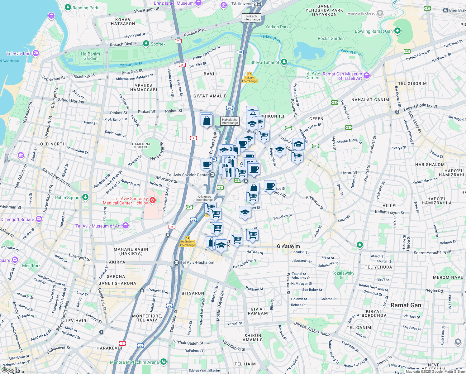 map of restaurants, bars, coffee shops, grocery stores, and more near 2 Ze'ev Jabotinsky Road in Ramat Gan