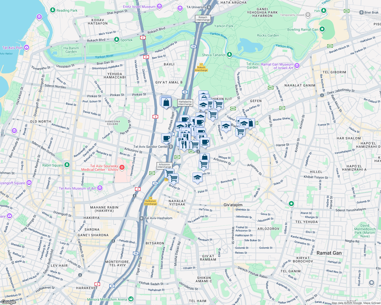 map of restaurants, bars, coffee shops, grocery stores, and more near 2 Ze'ev Jabotinsky Road in Ramat Gan