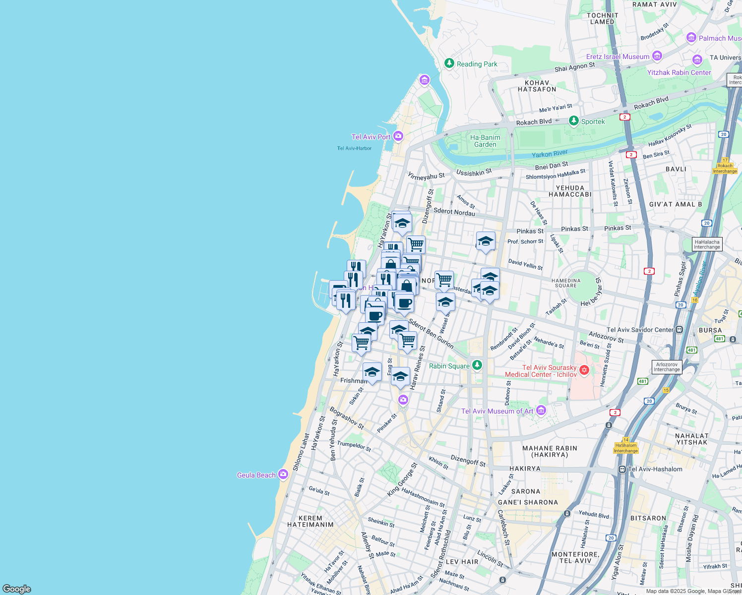 map of restaurants, bars, coffee shops, grocery stores, and more near 10 A.D. Gordon Street in Tel Aviv-Yafo
