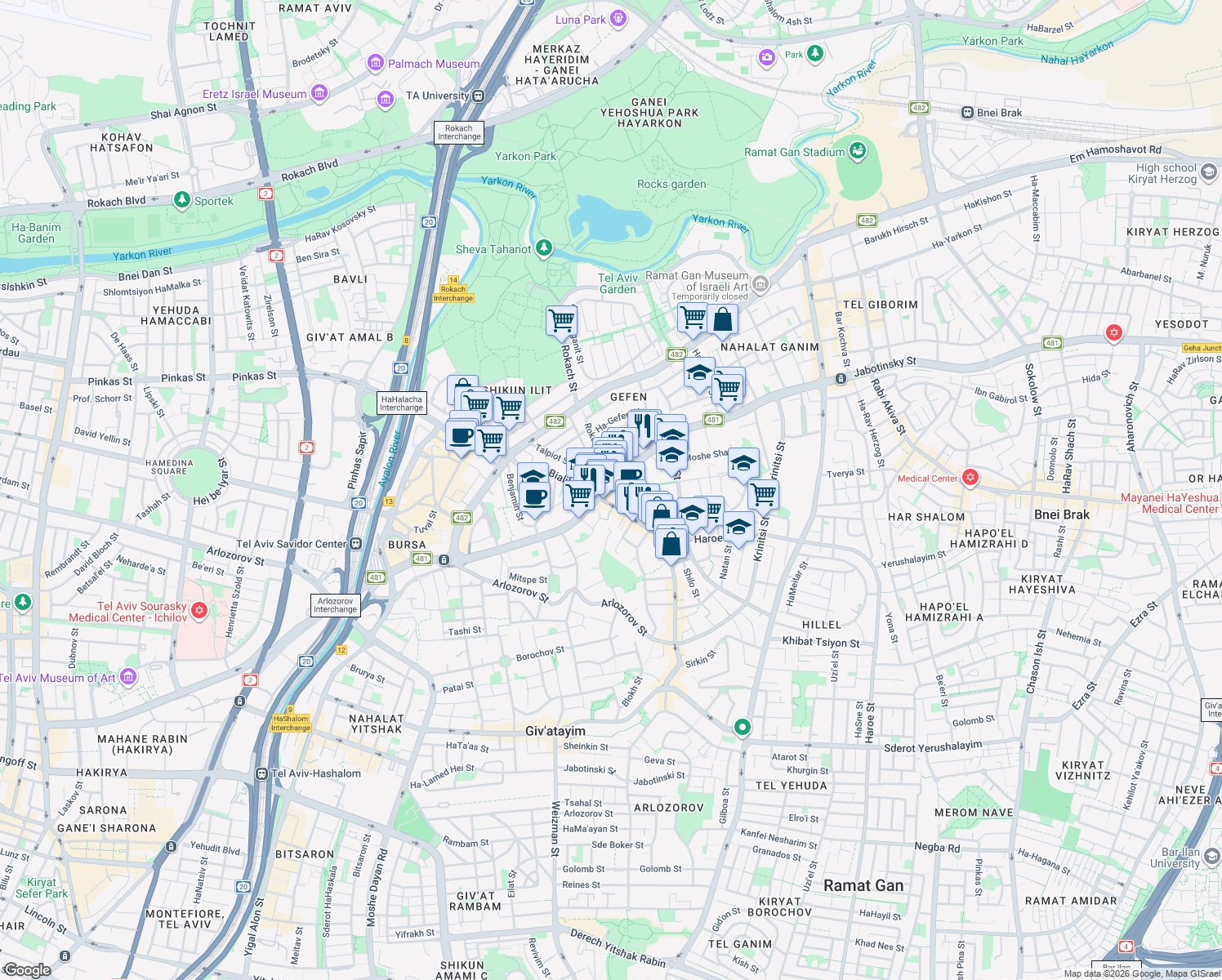 map of restaurants, bars, coffee shops, grocery stores, and more near Derech Ze'ev Jabotinsky in Ramat Gan