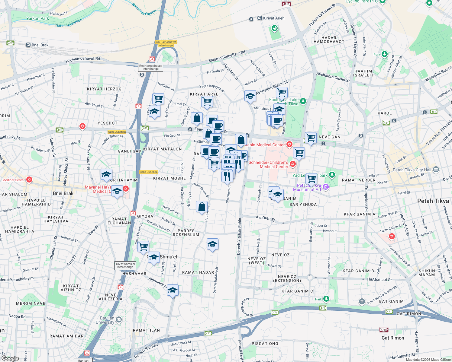 map of restaurants, bars, coffee shops, grocery stores, and more near 32 שחם in פתח תקווה