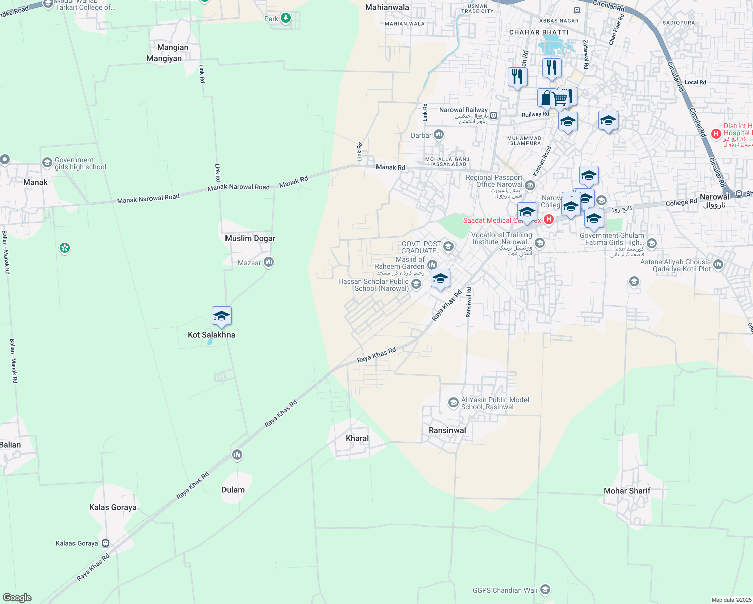 map of restaurants, bars, coffee shops, grocery stores, and more near New Narowal Lahore Road in Narowal