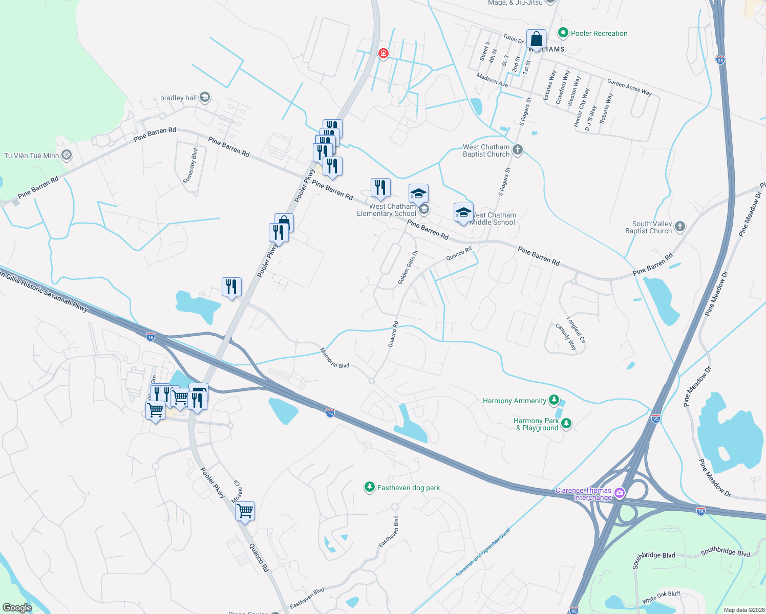 map of restaurants, bars, coffee shops, grocery stores, and more near 158 Brooklyn Way in Pooler