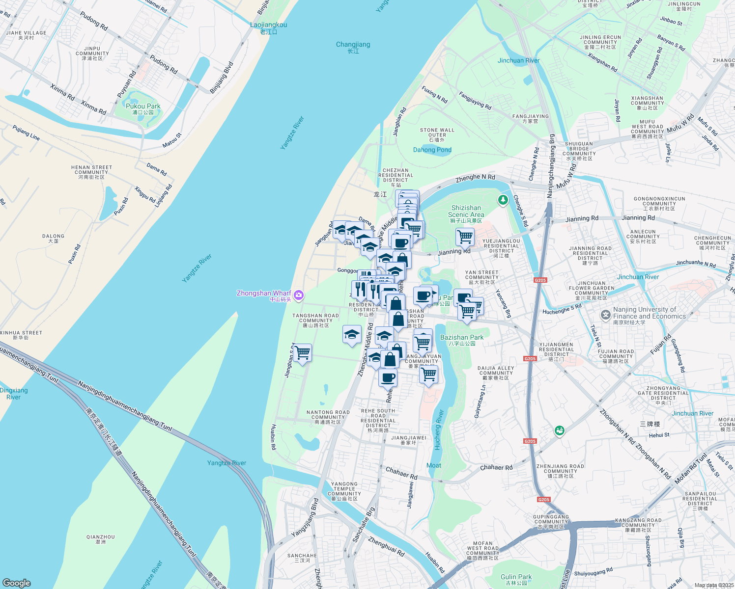 map of restaurants, bars, coffee shops, grocery stores, and more near in Nanjing
