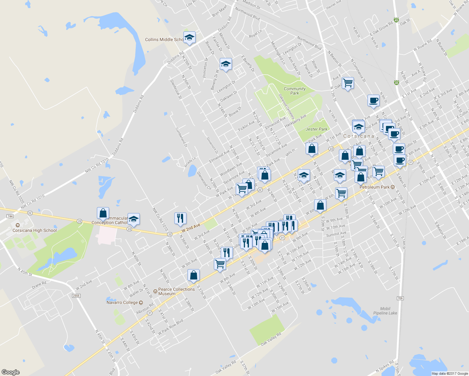 map of restaurants, bars, coffee shops, grocery stores, and more near 618 North 27th Street in Corsicana