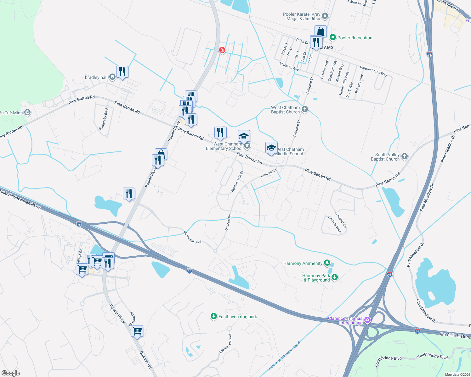 map of restaurants, bars, coffee shops, grocery stores, and more near 70 Golden Gate Dr in Pooler