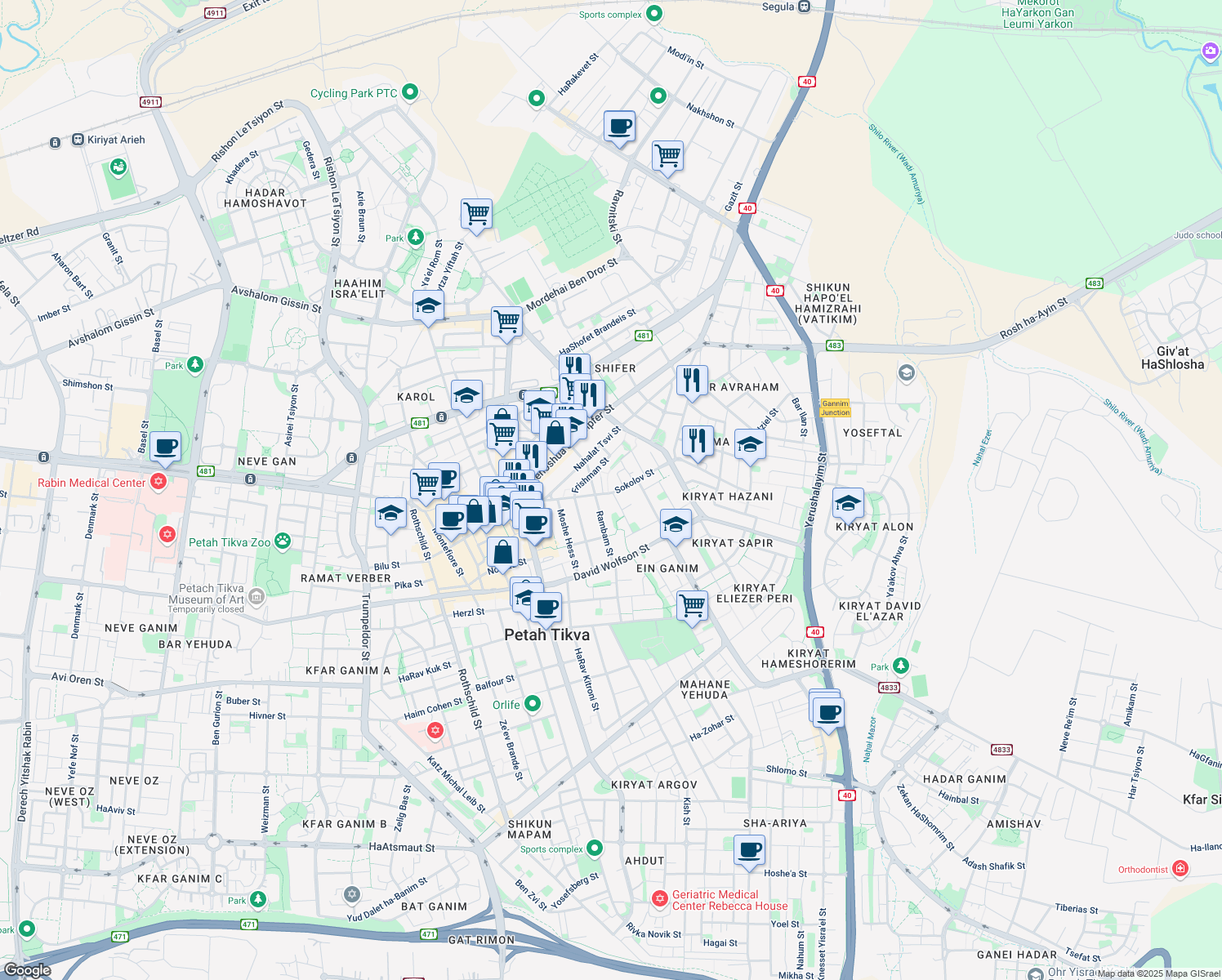 map of restaurants, bars, coffee shops, grocery stores, and more near 7 Sokolov Street in Petah Tikva
