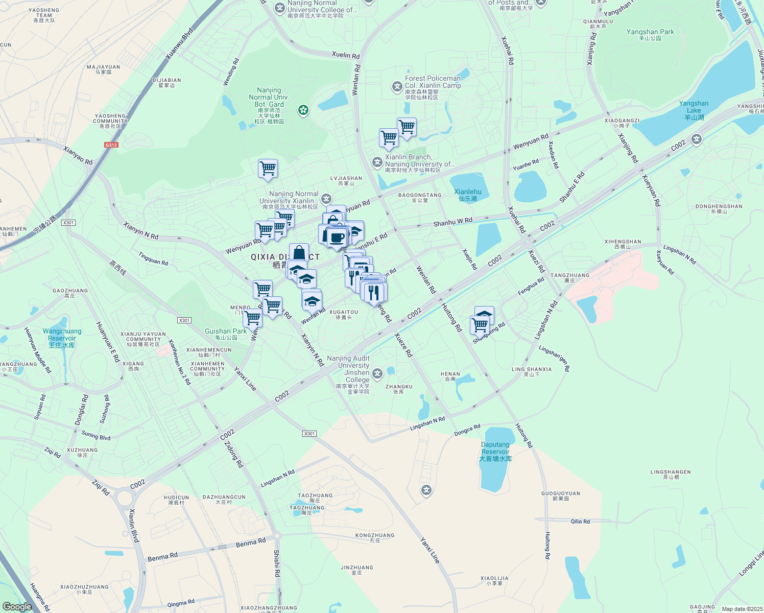 map of restaurants, bars, coffee shops, grocery stores, and more near 8 Xue Heng Lu in Nanjing Shi