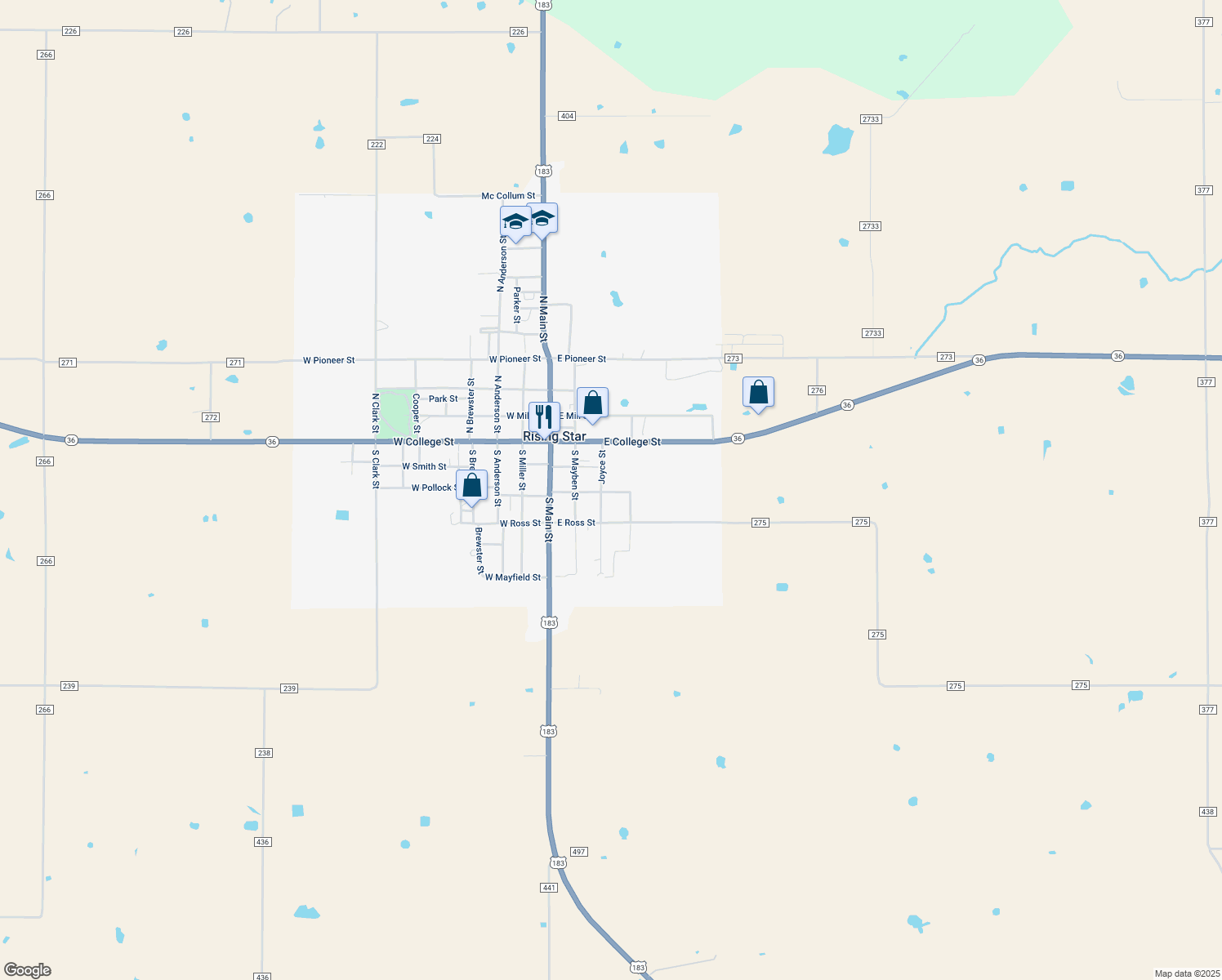 map of restaurants, bars, coffee shops, grocery stores, and more near 305 East Pollock Street in Rising Star