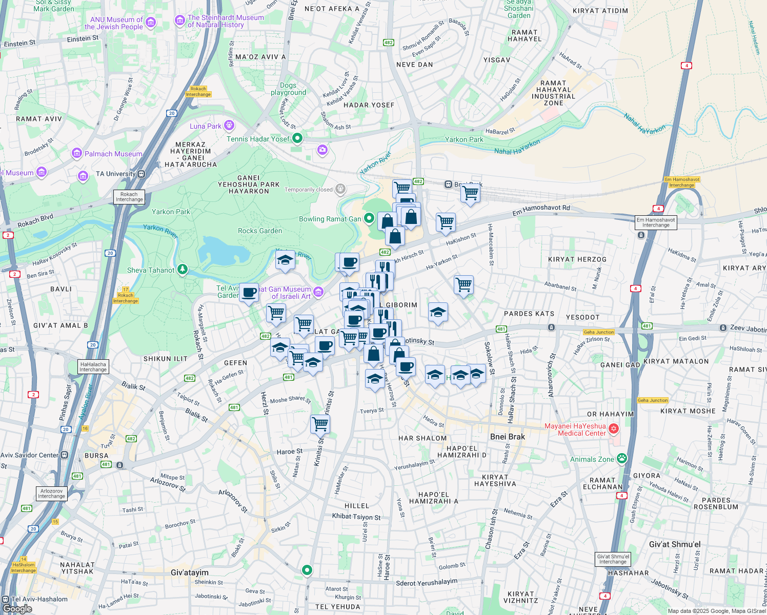 map of restaurants, bars, coffee shops, grocery stores, and more near 3 Metsada Street in Bnei Brak