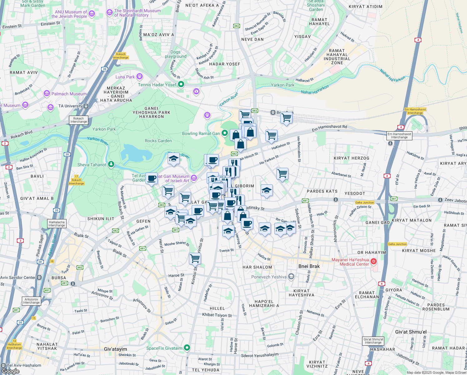 map of restaurants, bars, coffee shops, grocery stores, and more near 3 Metsada Street in Bnei Brak