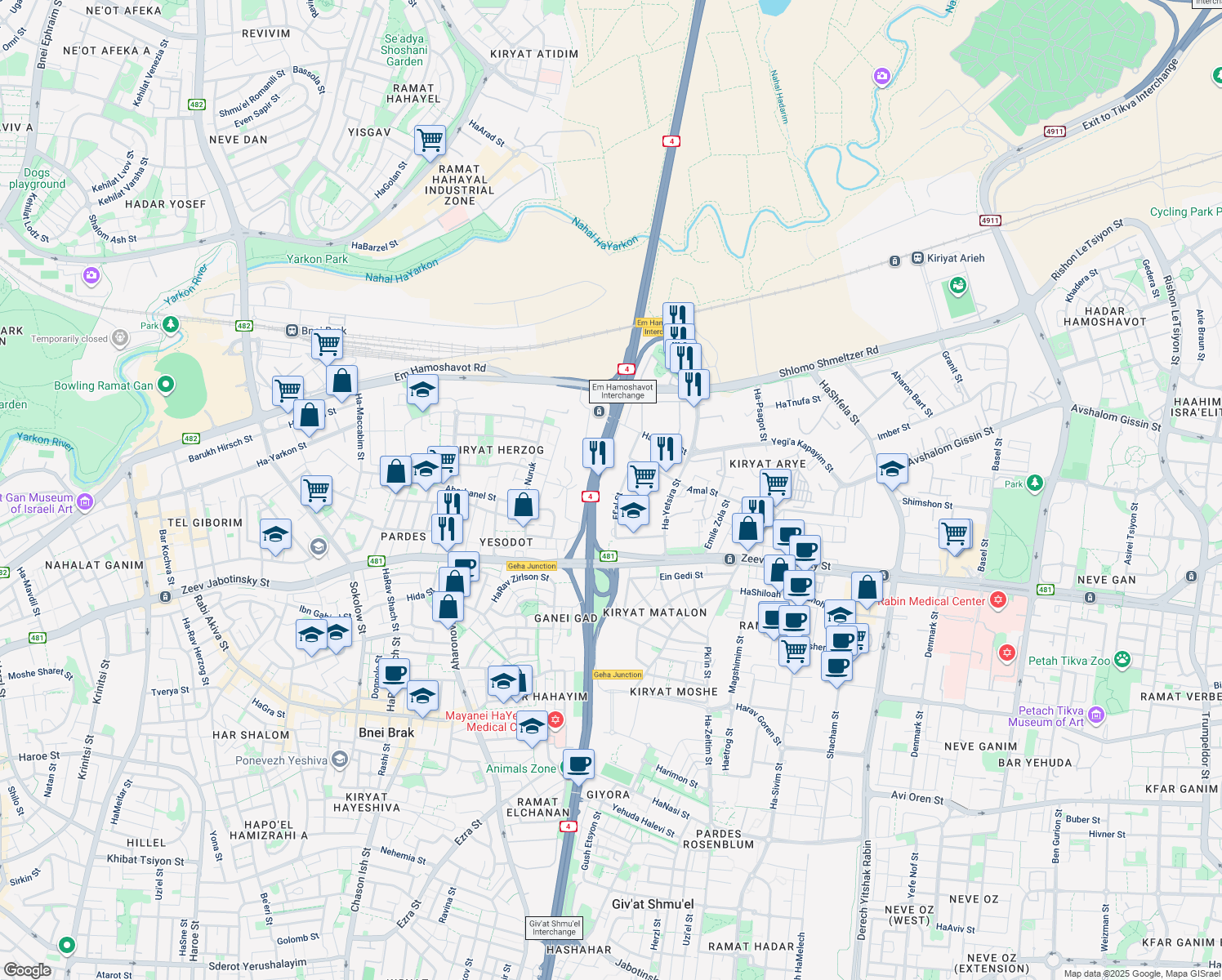 map of restaurants, bars, coffee shops, grocery stores, and more near 25 Ef'al Street in Petah Tikva