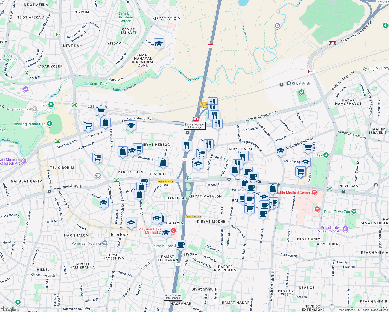 map of restaurants, bars, coffee shops, grocery stores, and more near 25 Ef'al Street in Petah Tikva