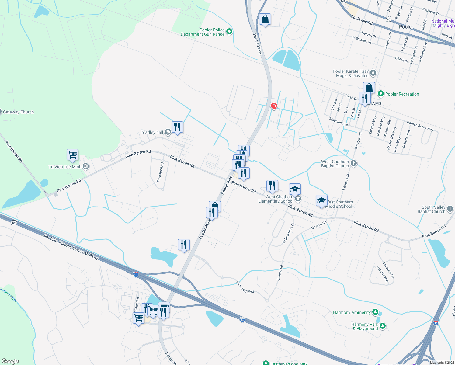 map of restaurants, bars, coffee shops, grocery stores, and more near 1178 Pine Barren Road in Pooler