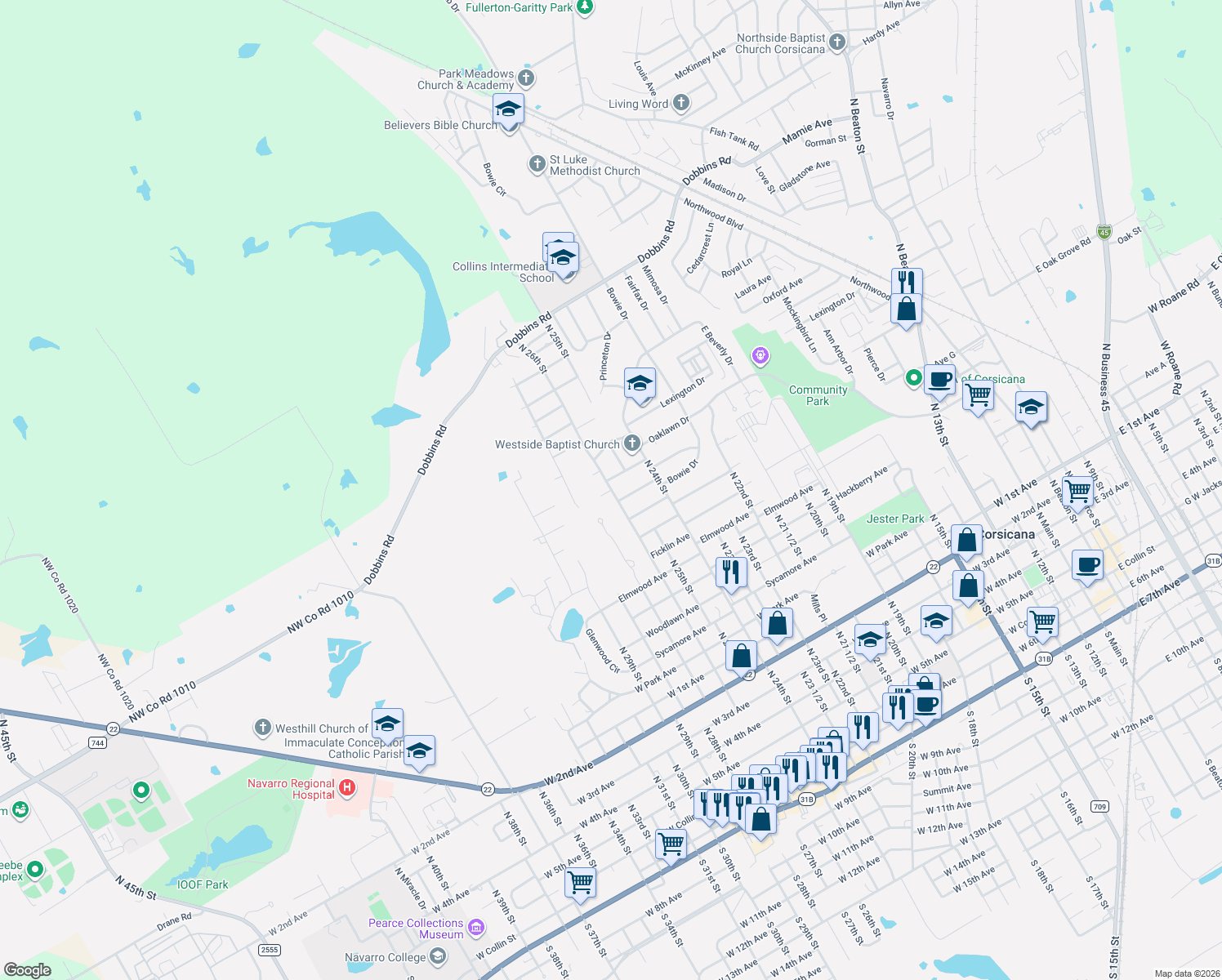 map of restaurants, bars, coffee shops, grocery stores, and more near 1704 Arlington Circle in Corsicana
