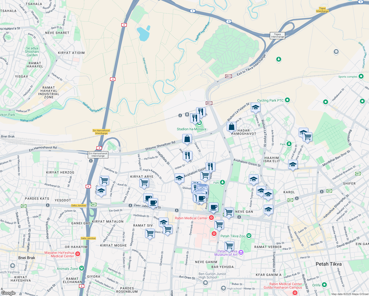 map of restaurants, bars, coffee shops, grocery stores, and more near 17 Ha-Mefalsim Street in Petah Tikva