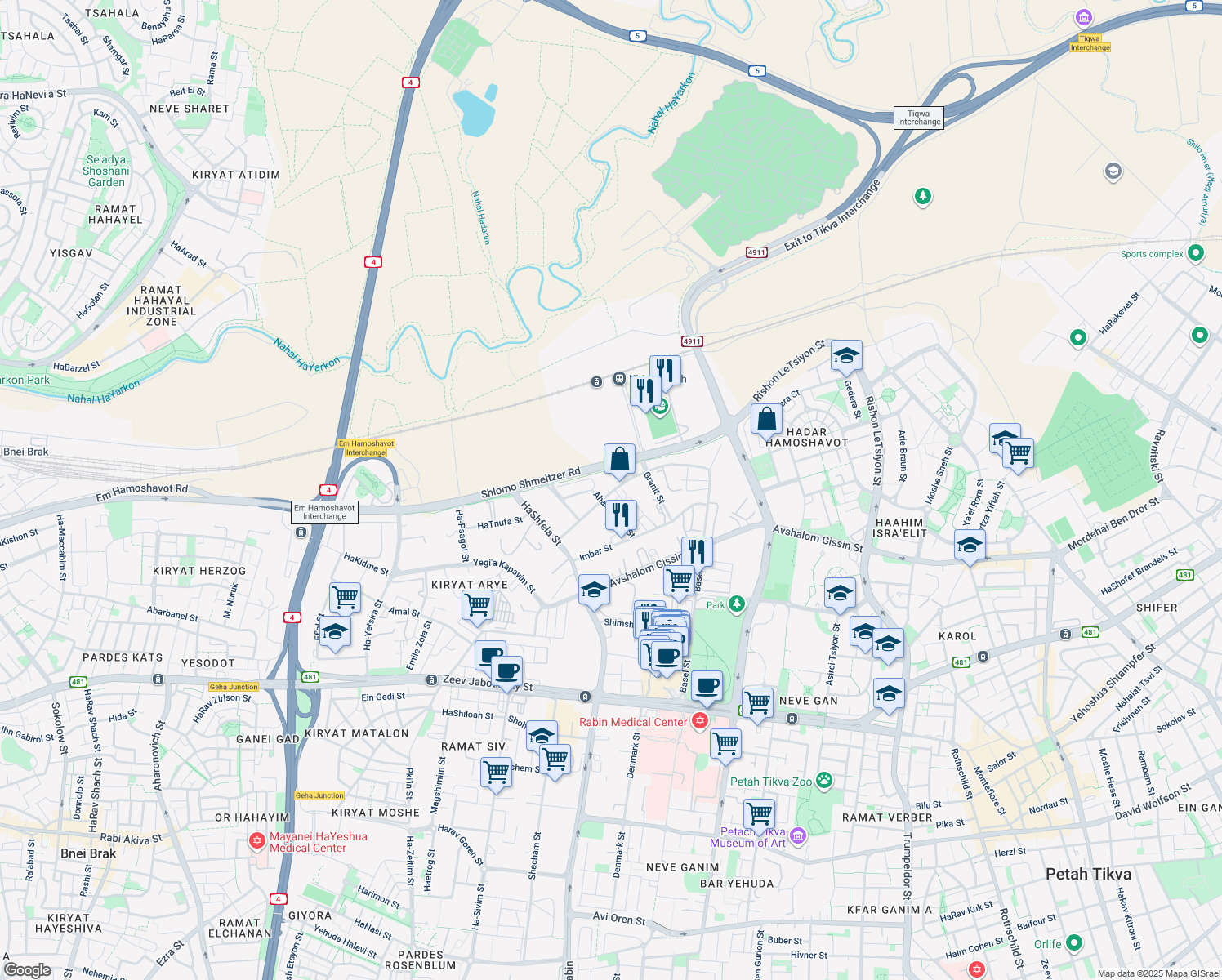 map of restaurants, bars, coffee shops, grocery stores, and more near 17 Ha-Mefalsim Street in Petah Tikva