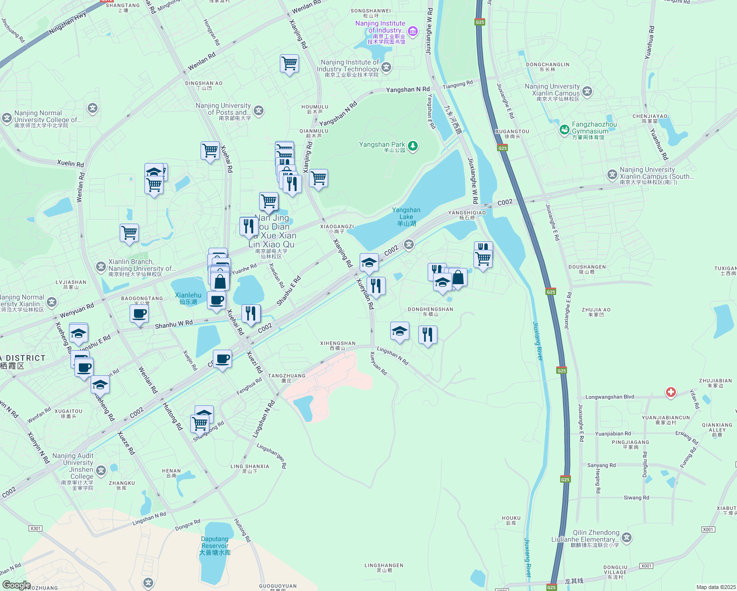 map of restaurants, bars, coffee shops, grocery stores, and more near in Nanjing