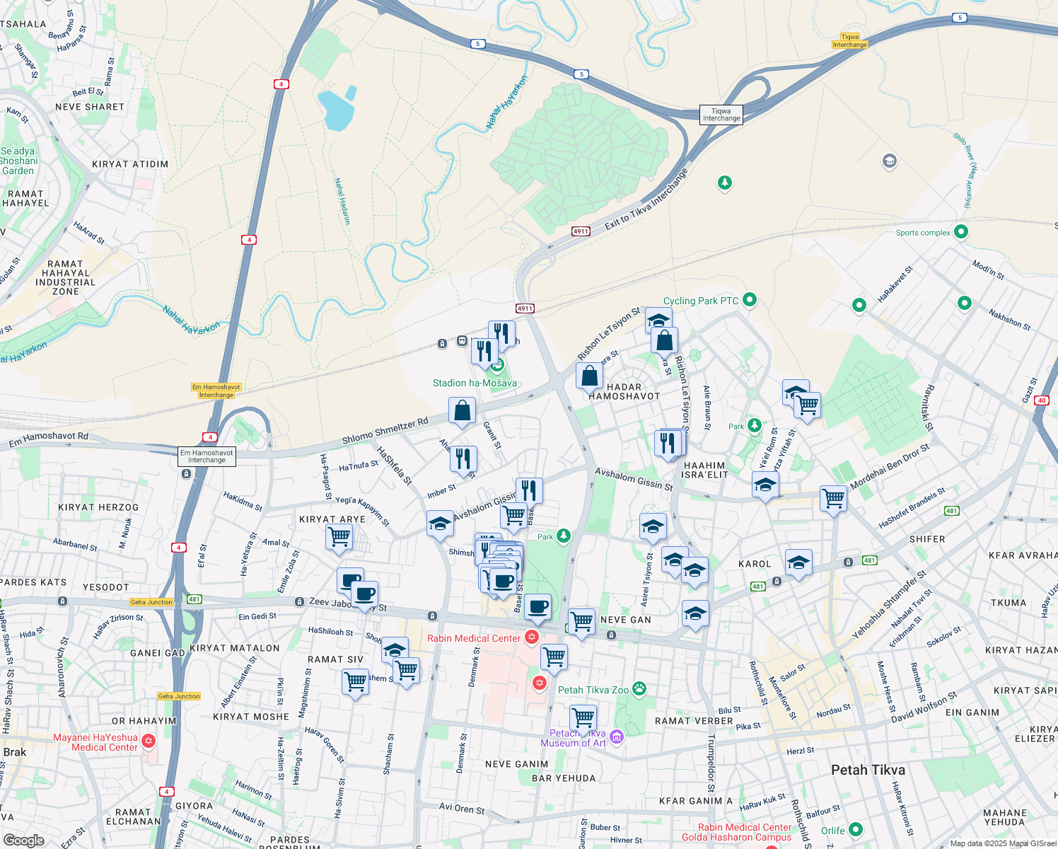 map of restaurants, bars, coffee shops, grocery stores, and more near 25 Basel Street in Petah Tikva