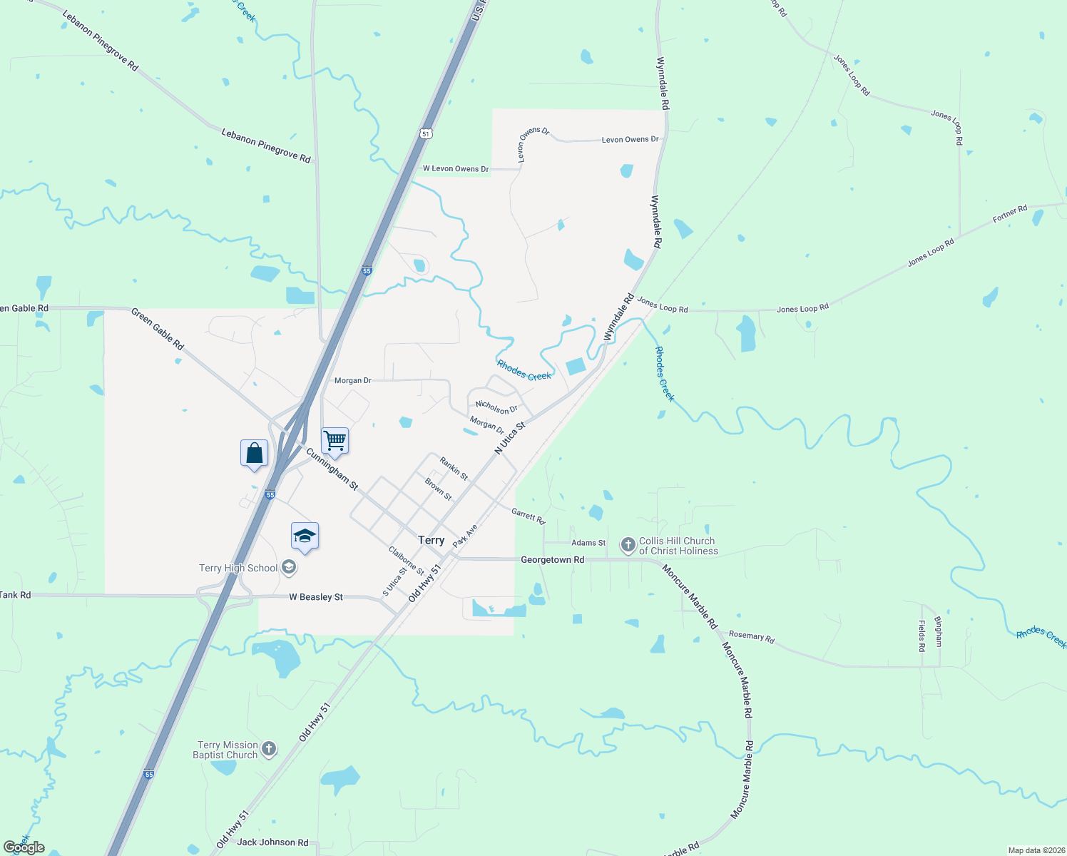 map of restaurants, bars, coffee shops, grocery stores, and more near 616 North Utica Street in Terry