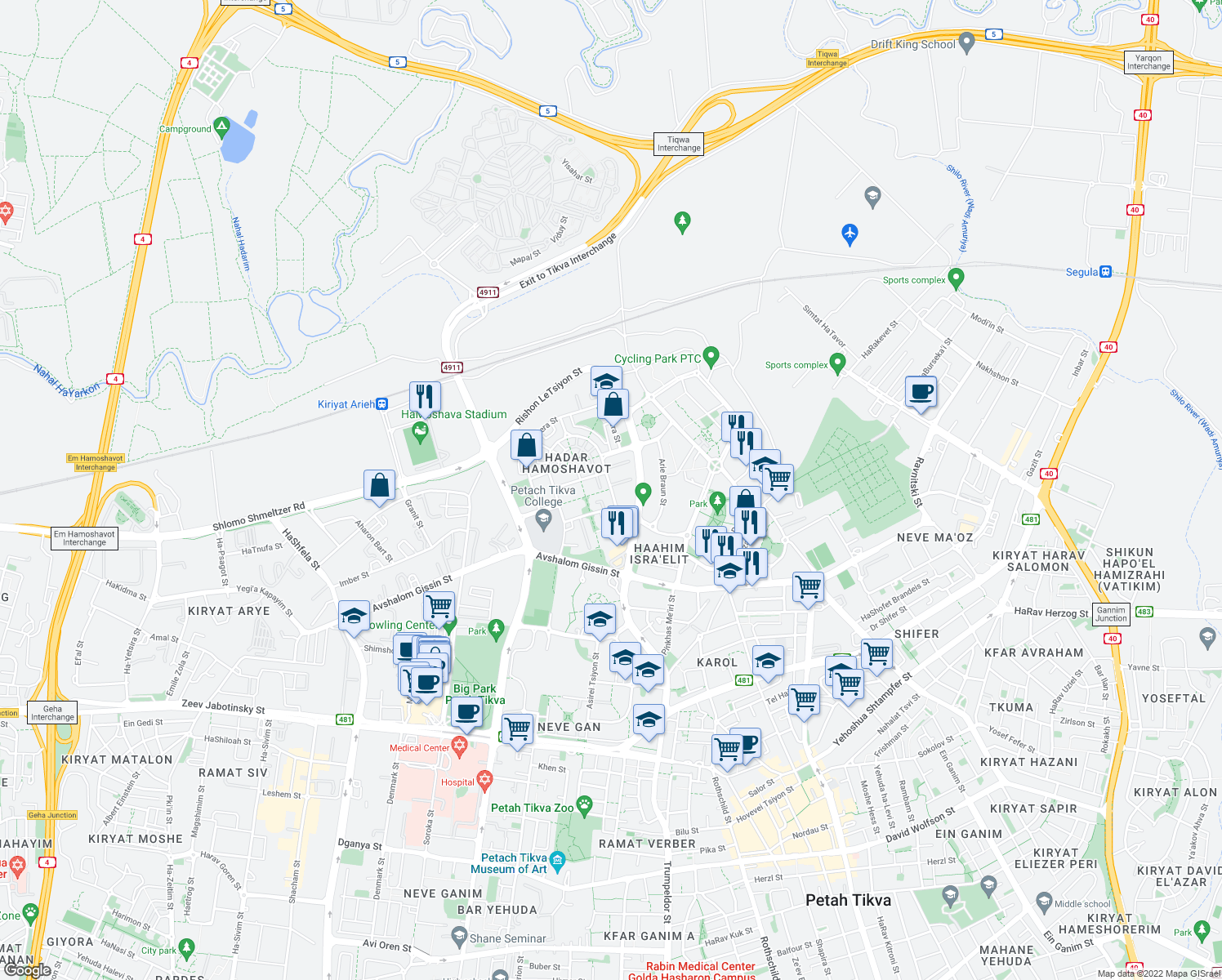 map of restaurants, bars, coffee shops, grocery stores, and more near Zikhron Ya'akov Street in Petah Tikva