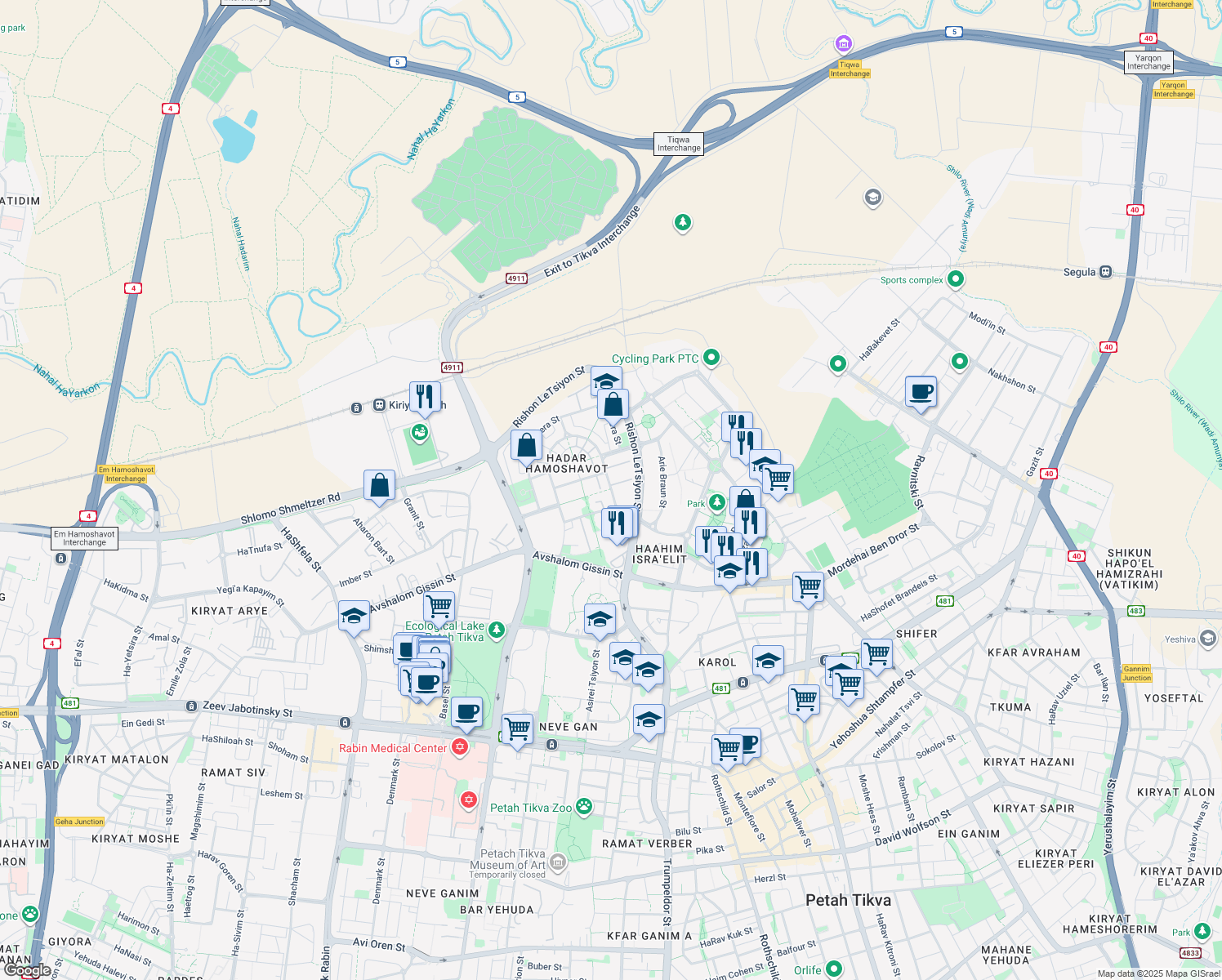 map of restaurants, bars, coffee shops, grocery stores, and more near Zikhron Ya'akov Street in Petah Tikva