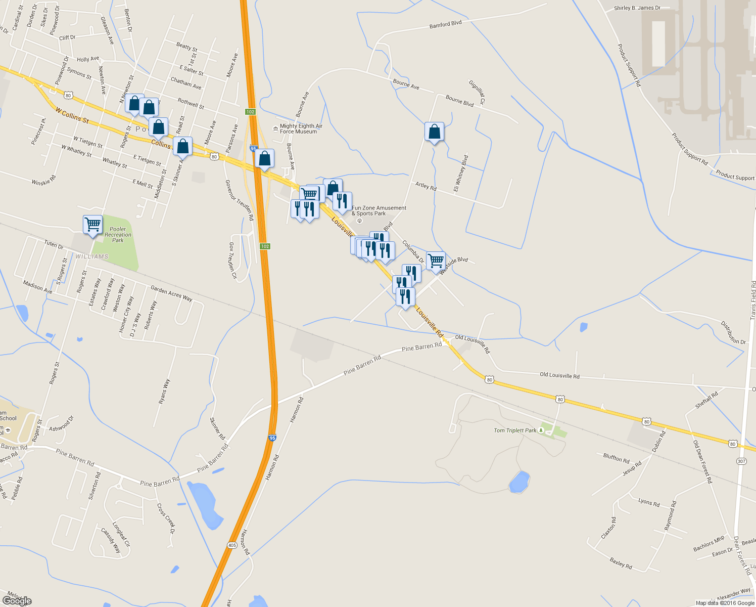 map of restaurants, bars, coffee shops, grocery stores, and more near 106 Sharon Court in Pooler