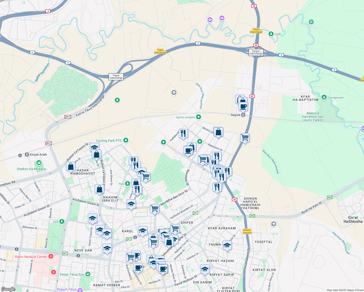 map of restaurants, bars, coffee shops, grocery stores, and more near Aharon Becker Street in Petah Tikva